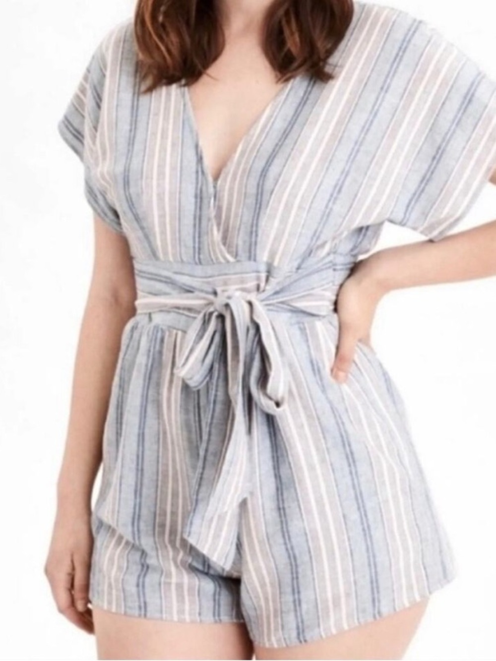 American Eagle Striped V-Neck Tie-Waist Romper in Blue and Tan